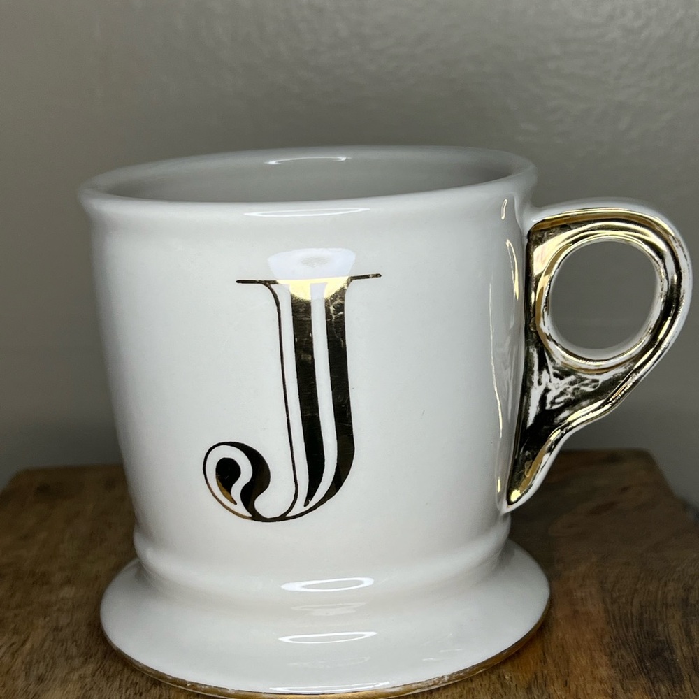 Anthropologie Limited Edition GOLD Initial J Monogram Barber Shaving Style Mug
